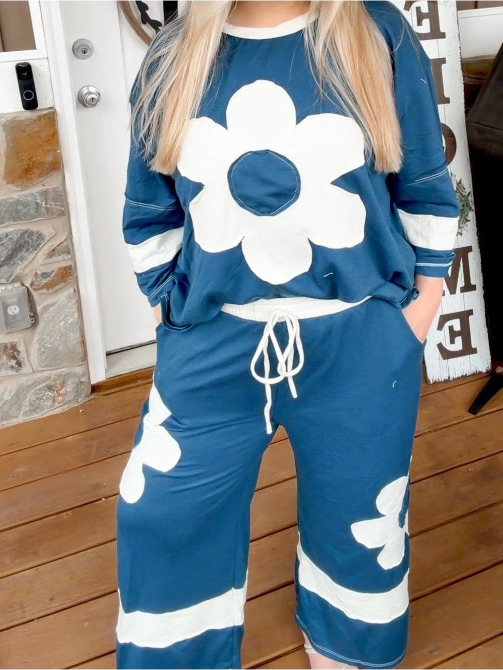 Women’s Blue Floral Lounge Jumpsuit with White Flower Accents